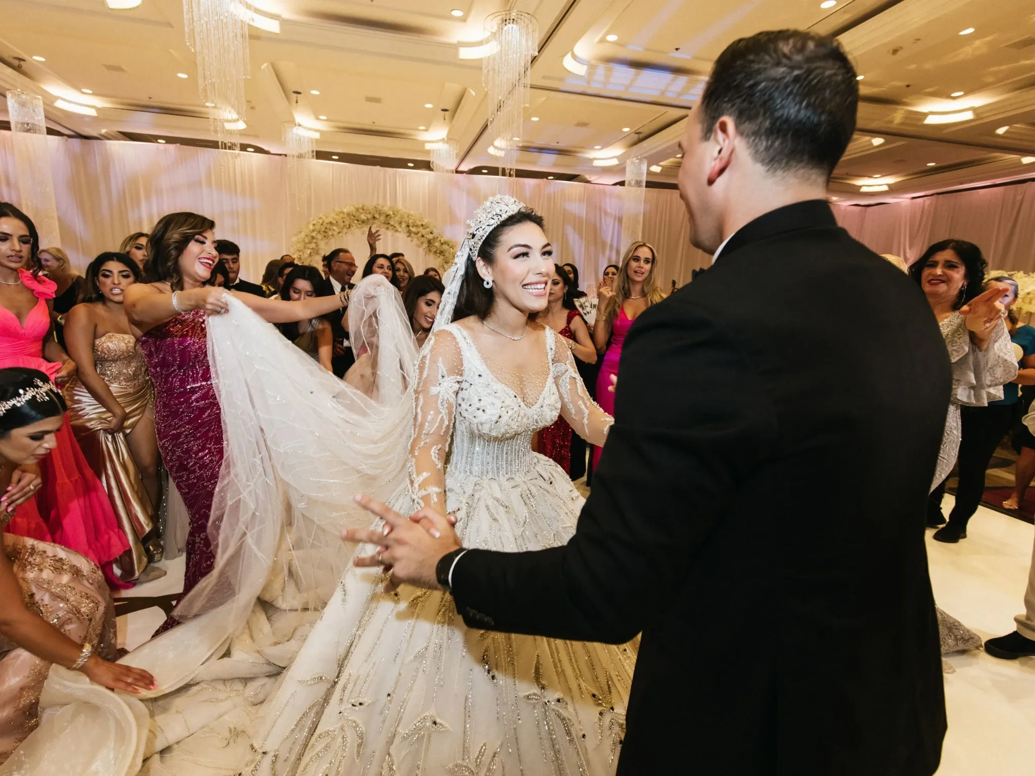 Wedding reception with bride and groom dancing