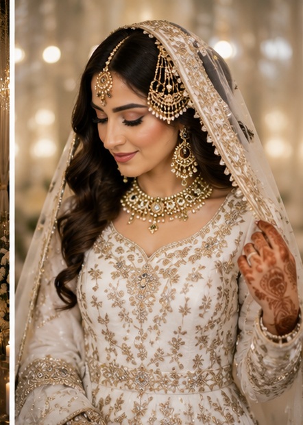 Pakistani bride in detailed white and gold wedding dress