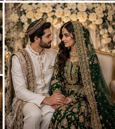 Couple in coordinated traditional green wedding attire