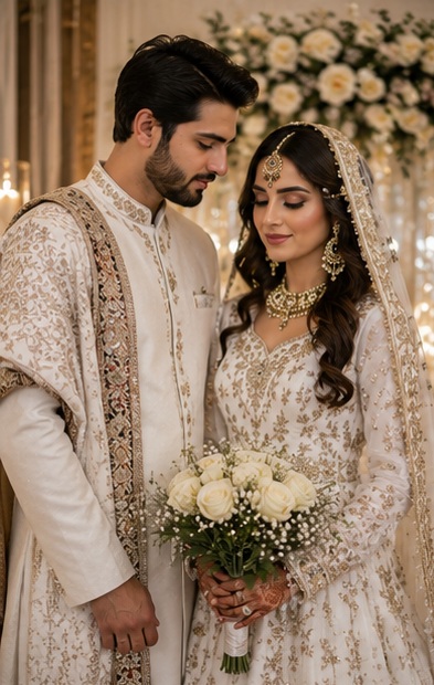 Traditional wedding couple portrait with bouquet